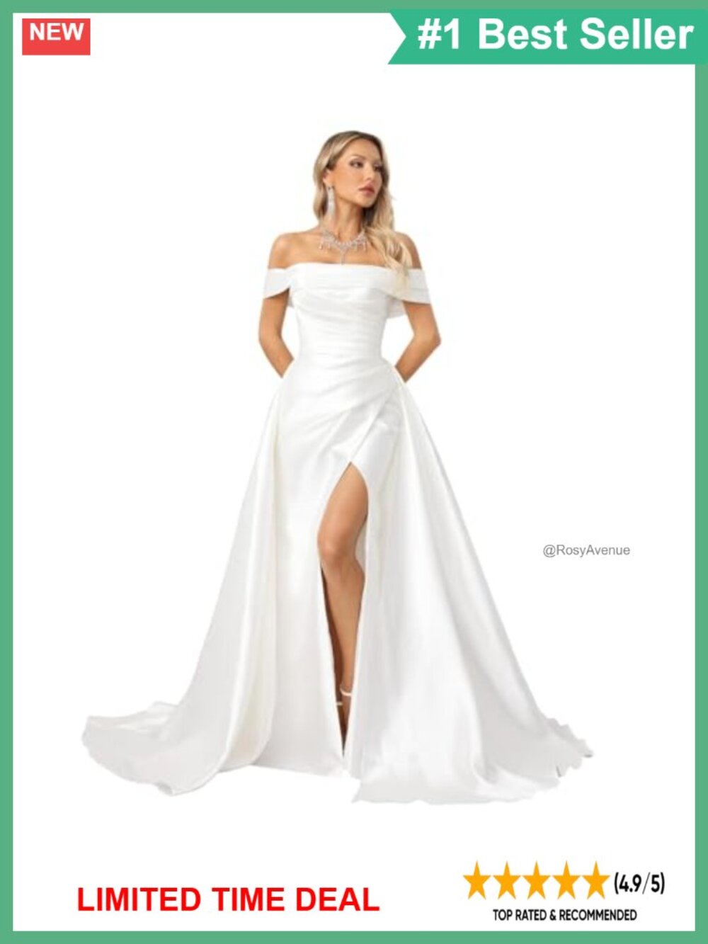 Off Shoulder Satin A-Line Wedding Dress Slit Lace-Up Back Train